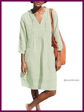 Womens V Neck Cotton Loose Shift Tunic Smock Summer Dress 3/4 Sleeve Pocket